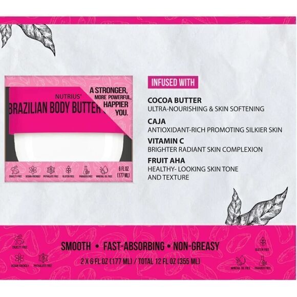 New! Nutrius Brazilian Body Butter Cream Berry Bliss , 6 FL OZ - Picture 2 of 5